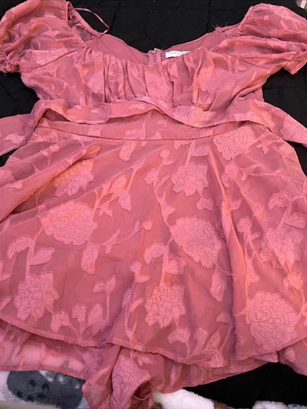 Thirty Thirty Pink Floral Mesh Off-Shoulder Ruffle Puff Romper S Lined
